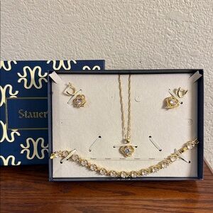 Stauer Two Hearts Gold Necklace, Bracelet, and Earring Set Diamondaura